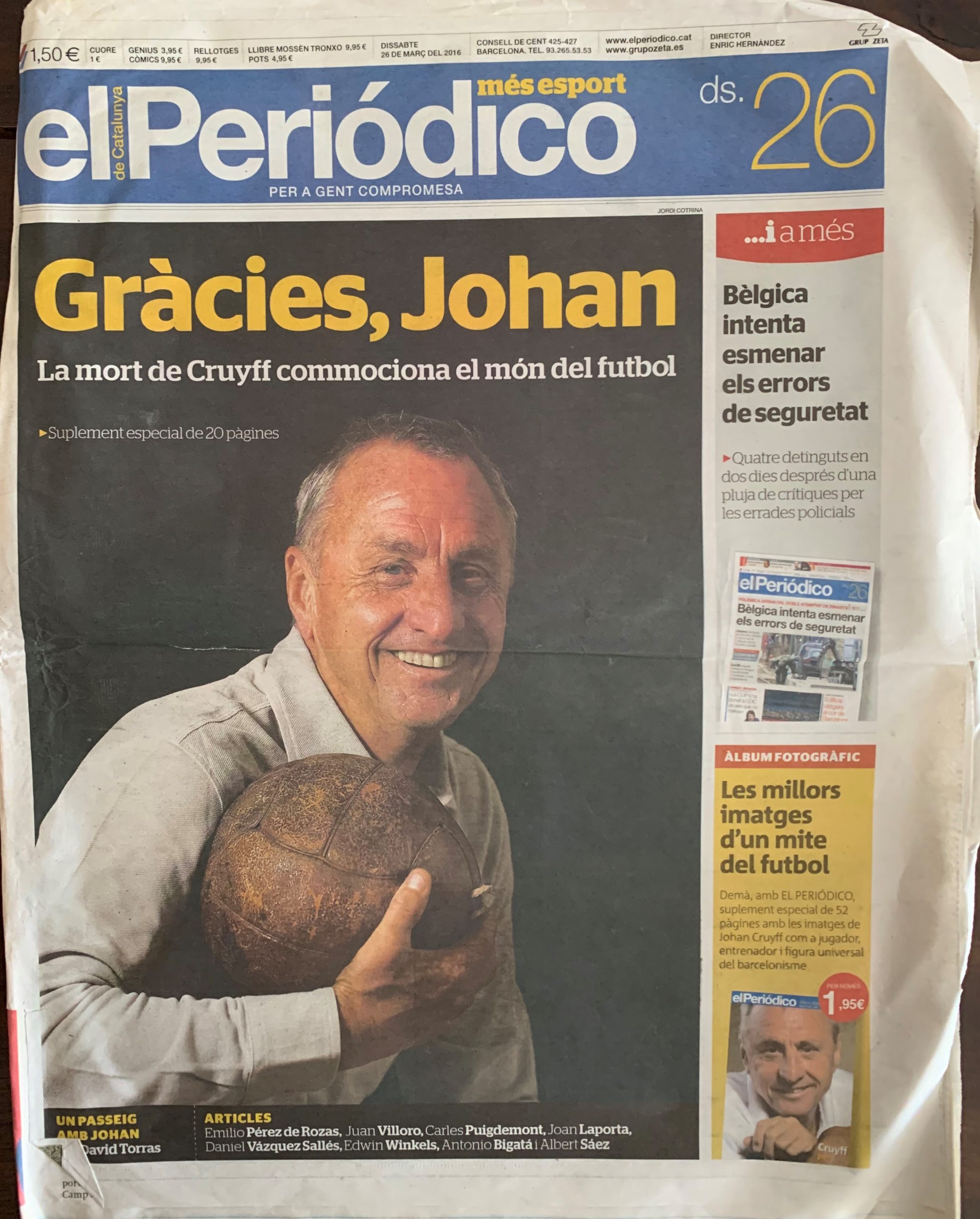 diari El Periódico GRÀCIES CRUYFF 26/03/2016