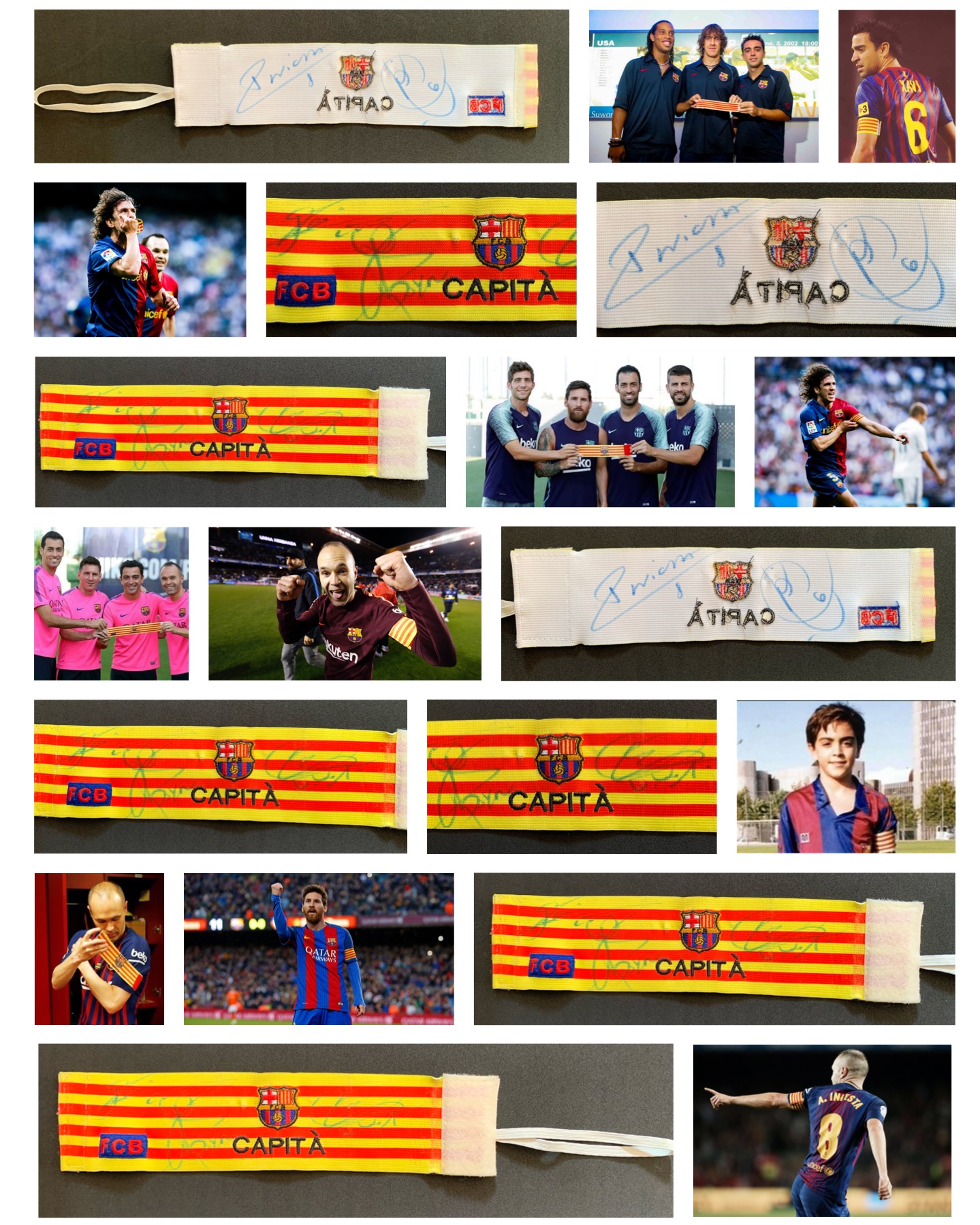 Diferents vistes del braçalet de capità del Barça amb la senyera i signatures