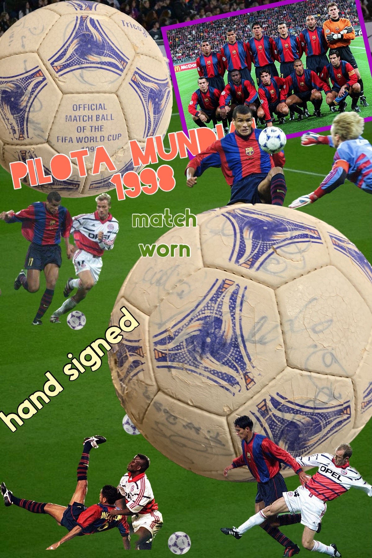Pilota de partit adidas tricolore Mundial 1998 signada pels jugadors del Barça de l'època