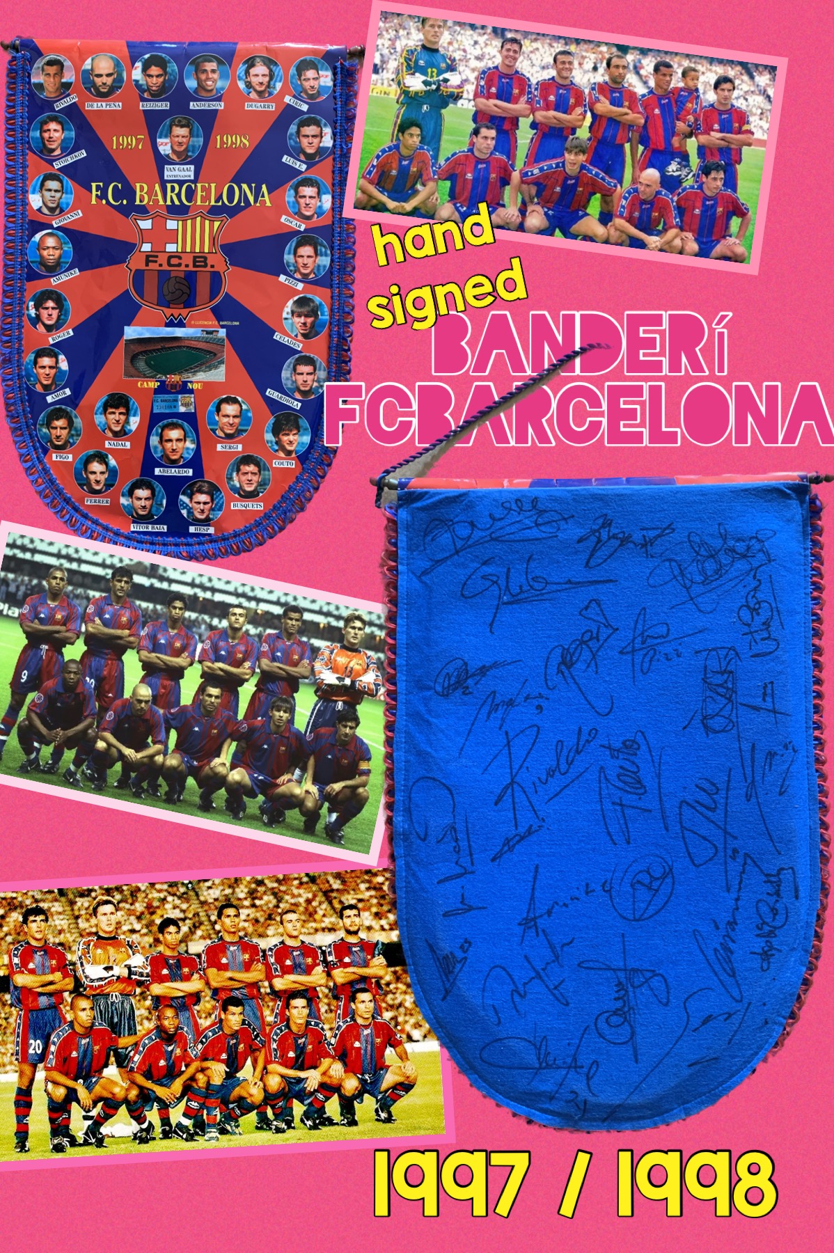 Banderí FC Barcelona 1997-1998 signat