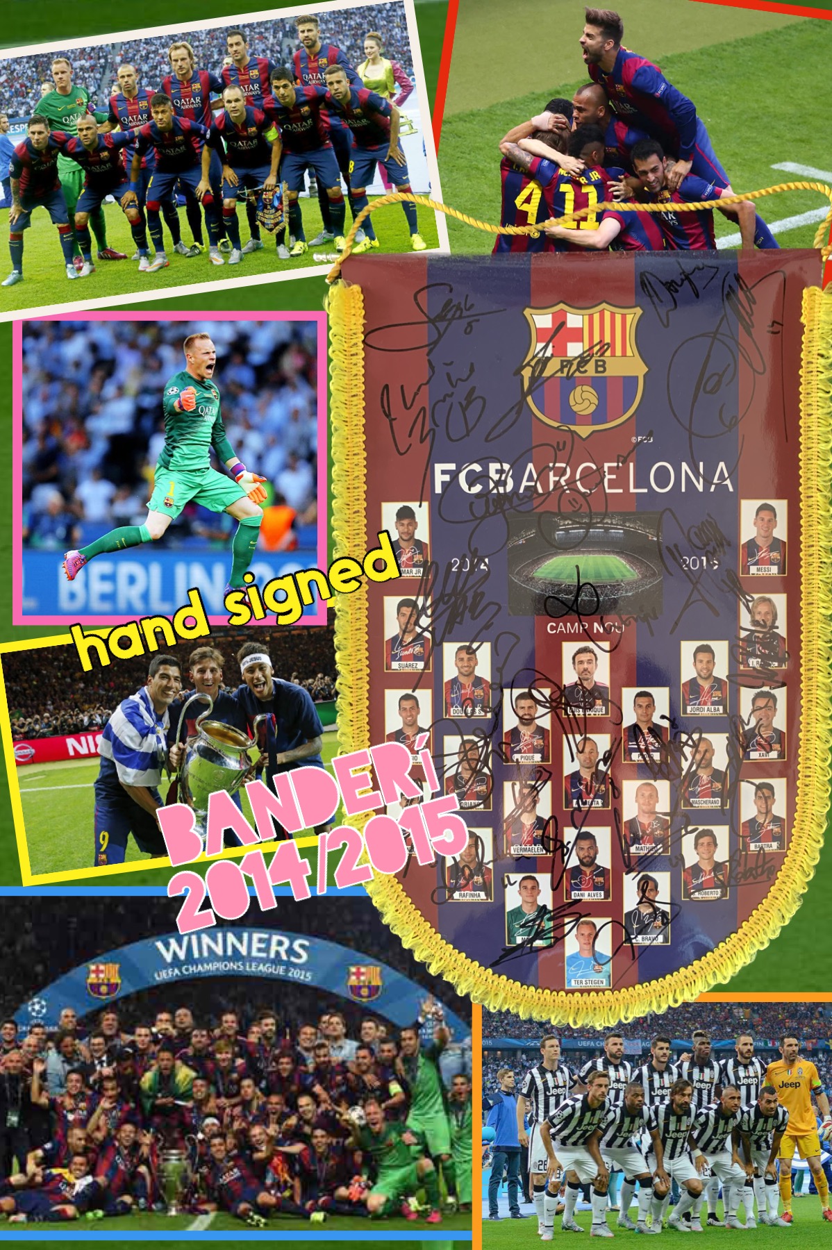 Banderí 2014-2015 signat pels jugadors del Barça