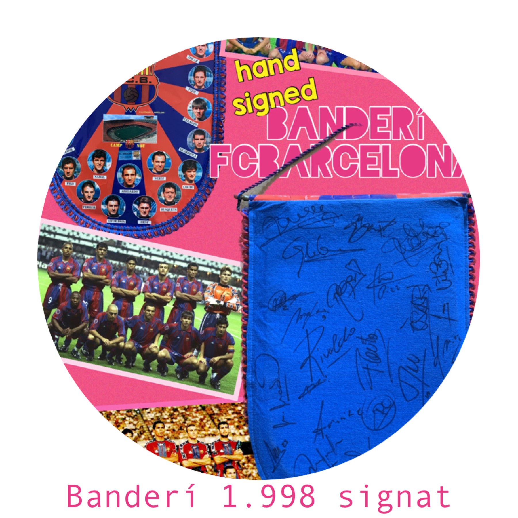 Banderí FC Barcelona 1997-1998 signat pels jugadors del Barça