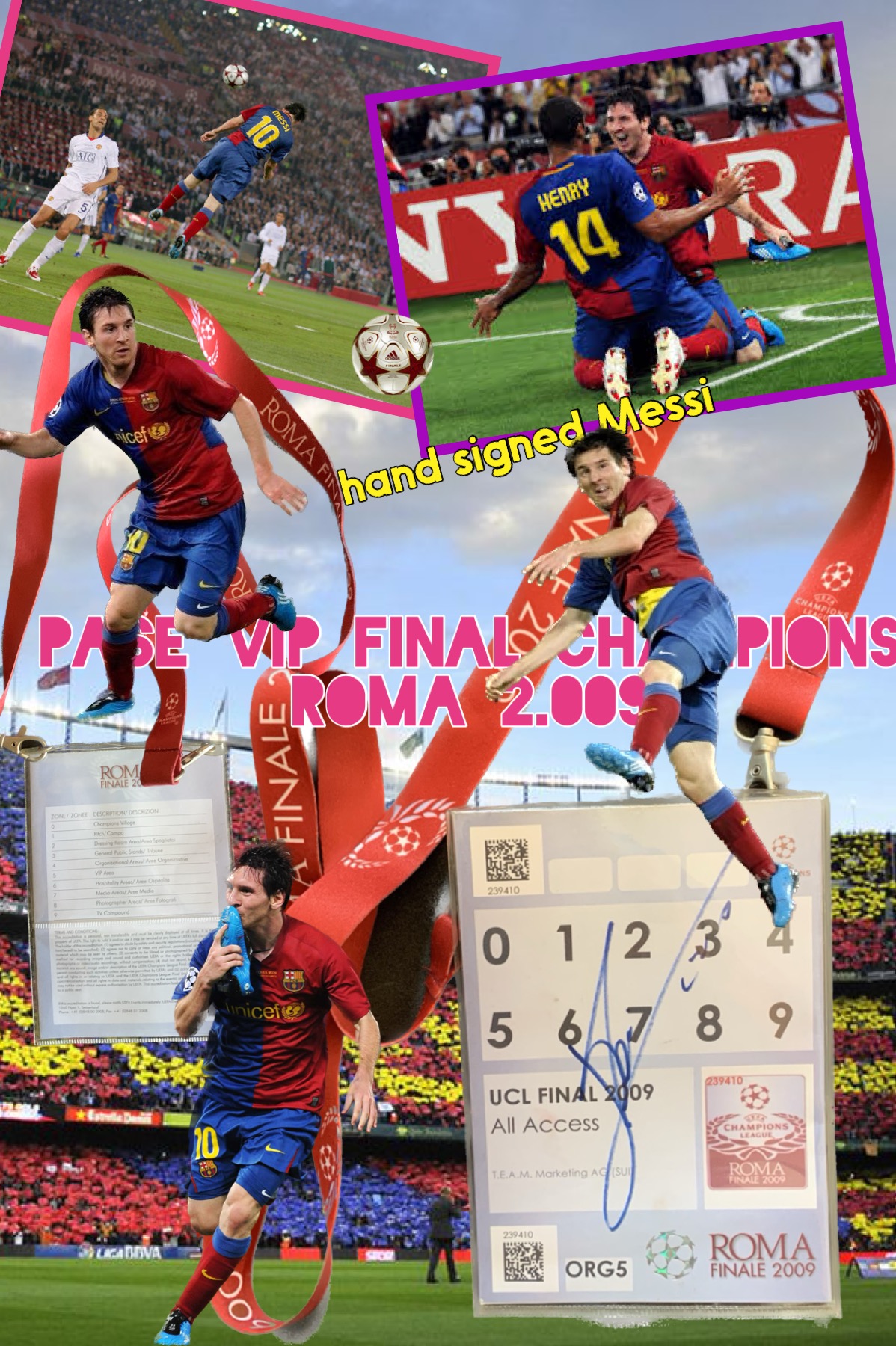 Pase VIP signat per Messi Final Champions París 2009 Barça