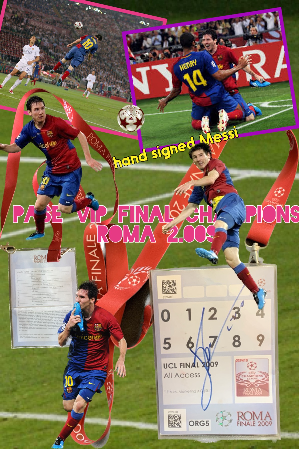 Pase VIP signat per Messi Final Champions París 2009 Barça