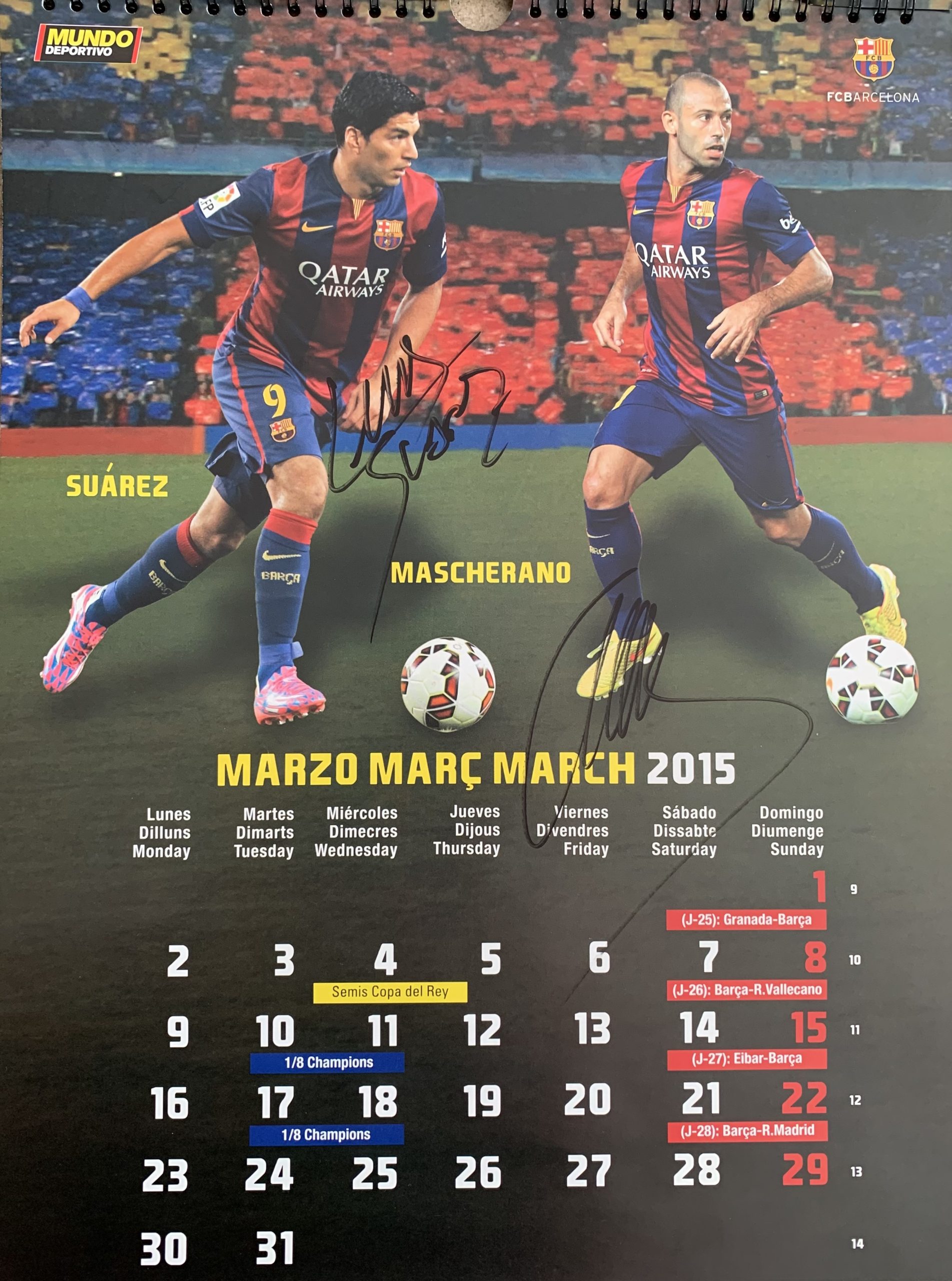 Calendari 2015 FC Barcelona el mundo deportivo signat pels jugadors Suárez / Mascherano