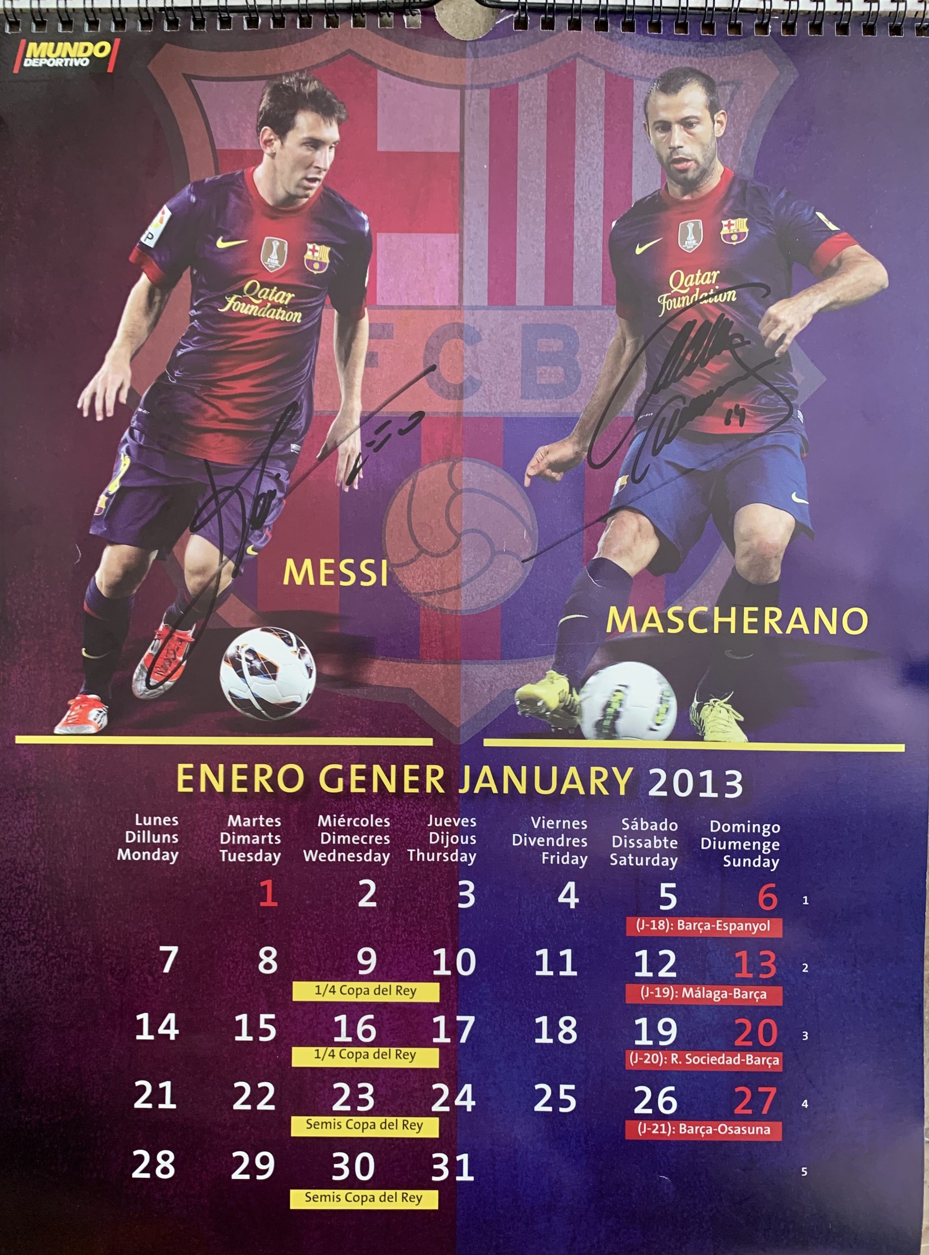 Calendari 2013 FC Barcelona el mundo deportivo signat pels jugadors Messi / Mascherano