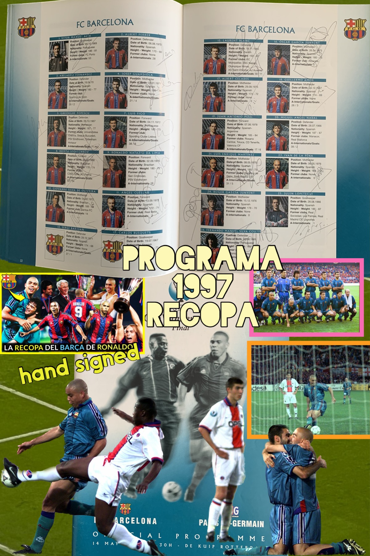 Programa final Recopa 1997 Rotterdam signat jugadors FC Barcelona