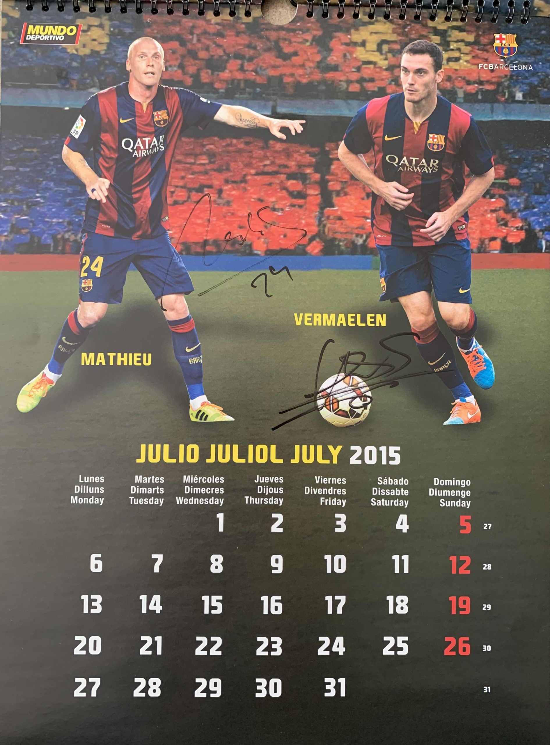 Calendari 2015 FC Barcelona el mundo deportivo signat pels jugadors Mathieu Vermaelen