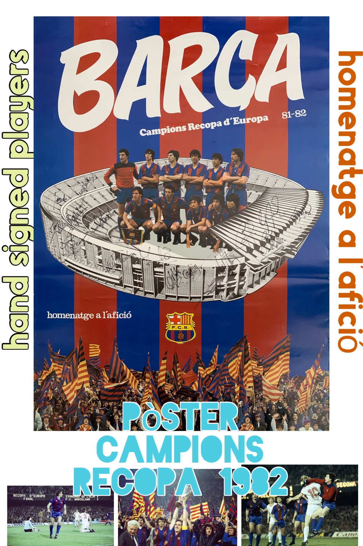 Pòster homenatge a l'afició campions Recopa 1982 FC Barcelona signat pels jugadors