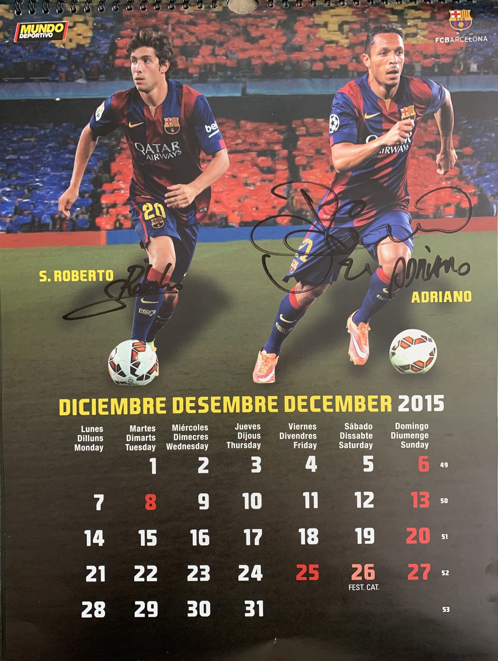 Calendari 2015 FC Barcelona el mundo deportivo signat pels jugadors S.Roberto Adriano