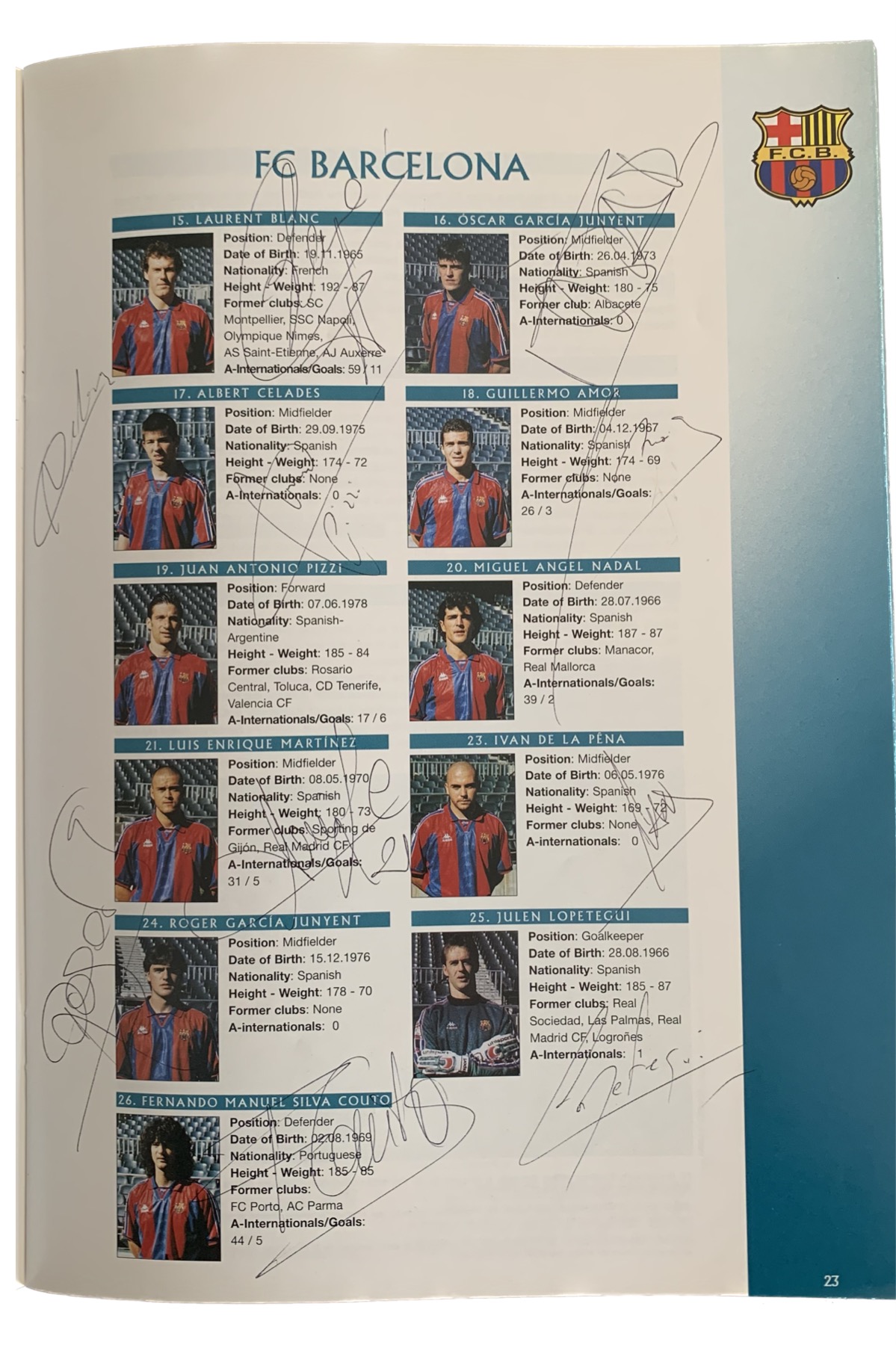 Pàgina del programa de la Recopa 1997 amb fitxes dels jugadors del Barça i signatures