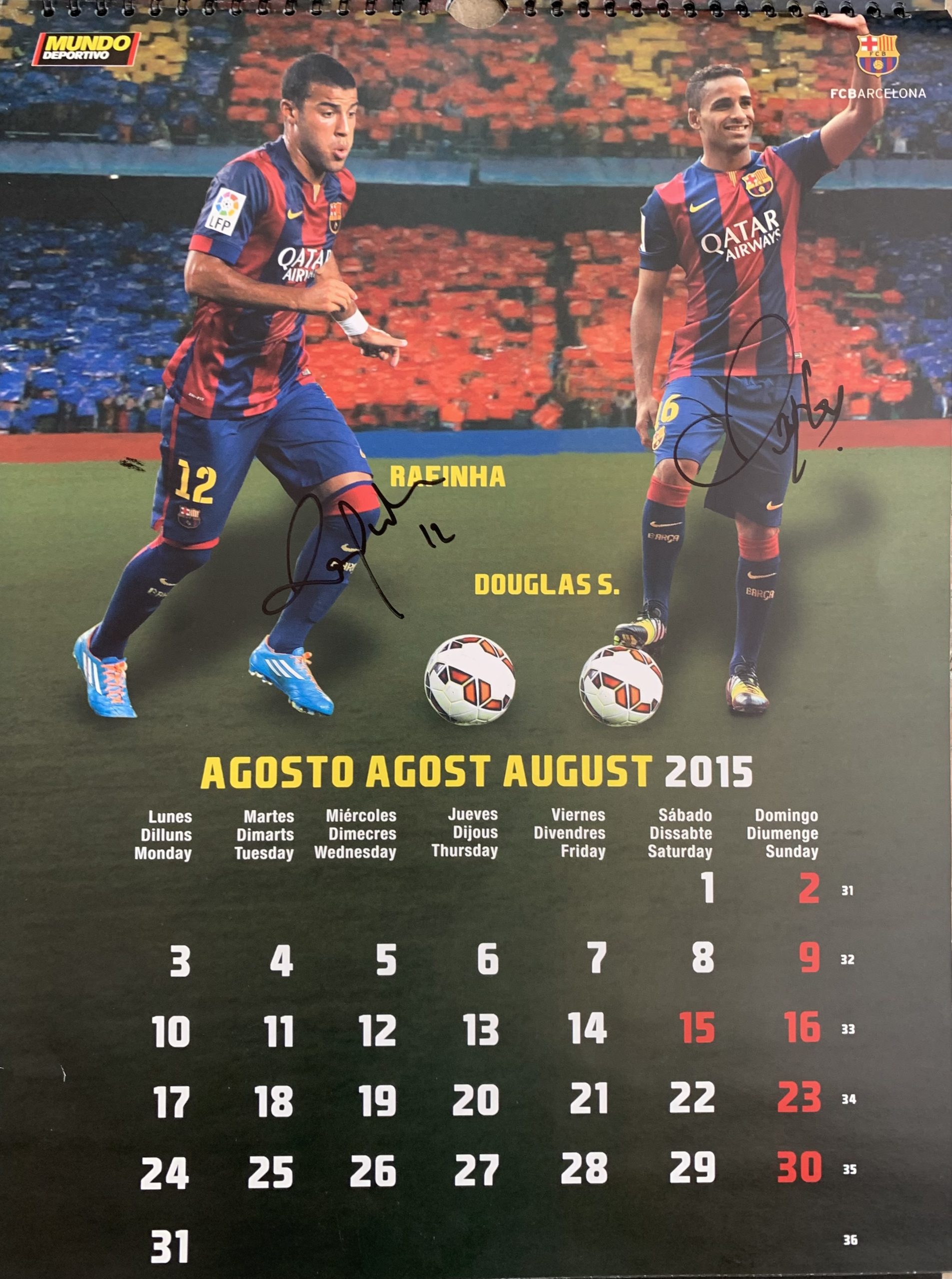 Calendari 2015 FC Barcelona el mundo deportivo signat pels jugadors Rafinha Douglas