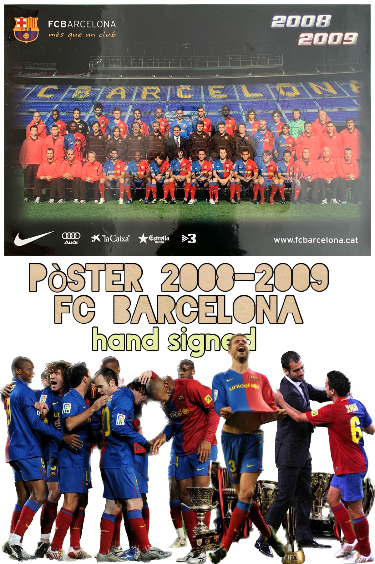 Pòster FC Barcelona signat pels jugadors temporada 2008-2009 Copa Liga Champions
