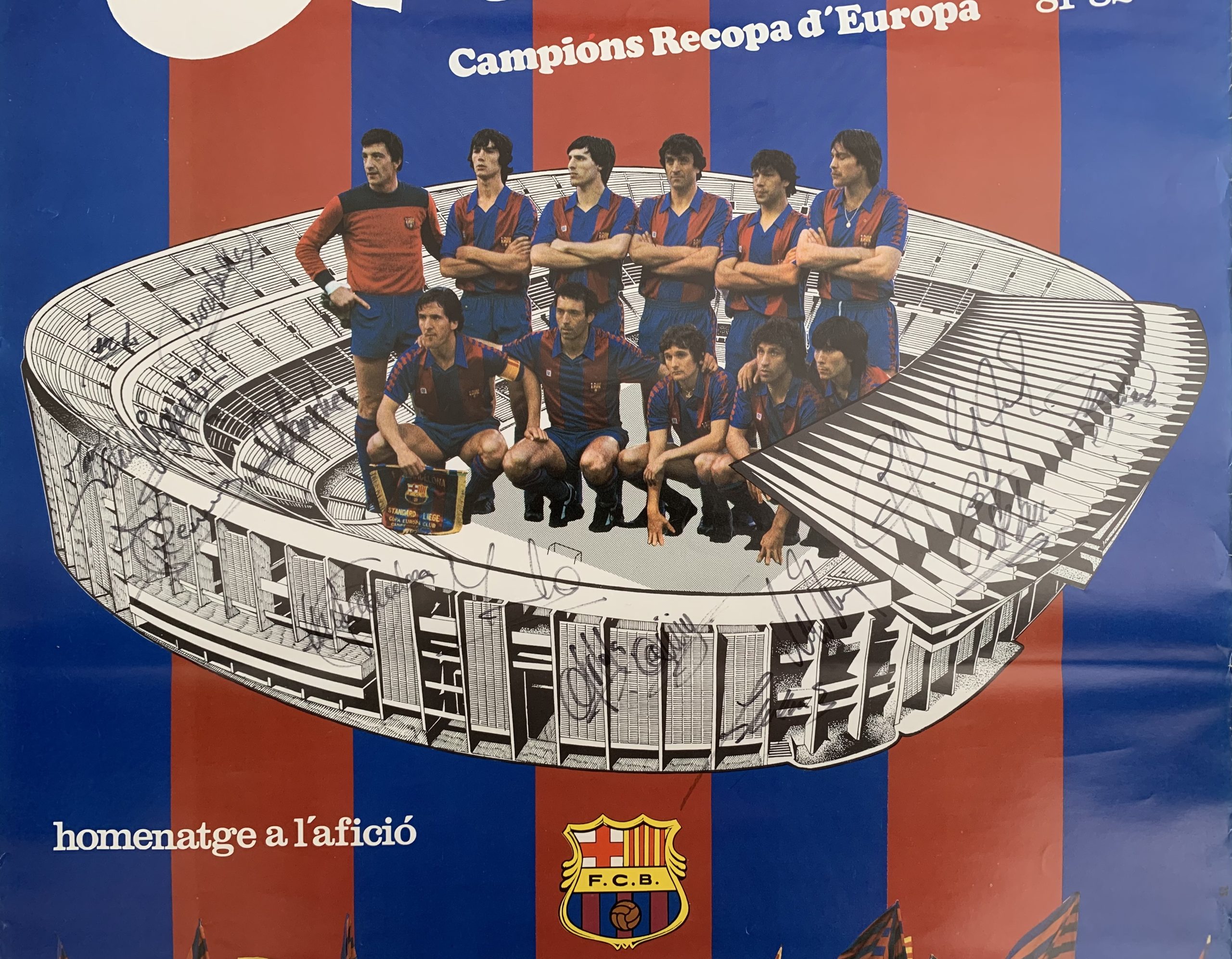 Pòster homenatge a l'afició campions Recopa 1982 FC Barcelona signat pels jugadors
