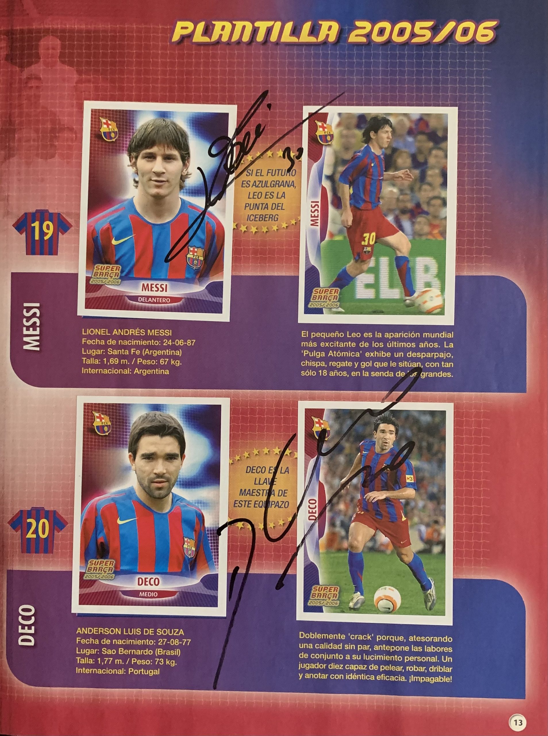 Àlbum de cromos FC Barcelona signat jugadors del Barça temporada 2005-2006 Messi Deco