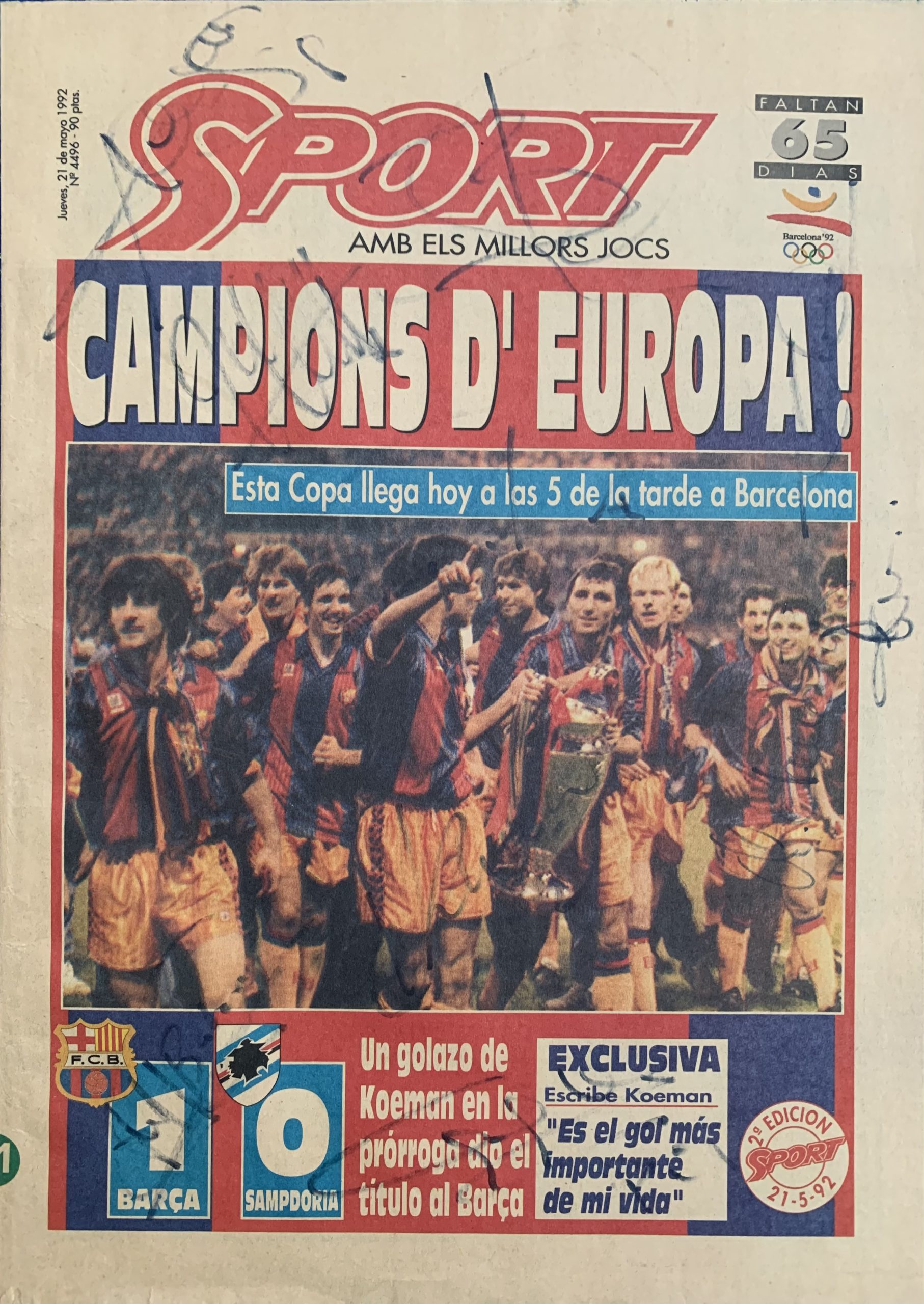 Diari Sport 21/05/1992 FC Barcelona campió Copa Europa signat per la plantilla 