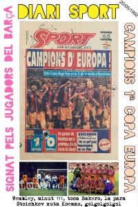 Diari Sport 21/05/1992 FC Barcelona campió Copa Europa signat per la plantilla