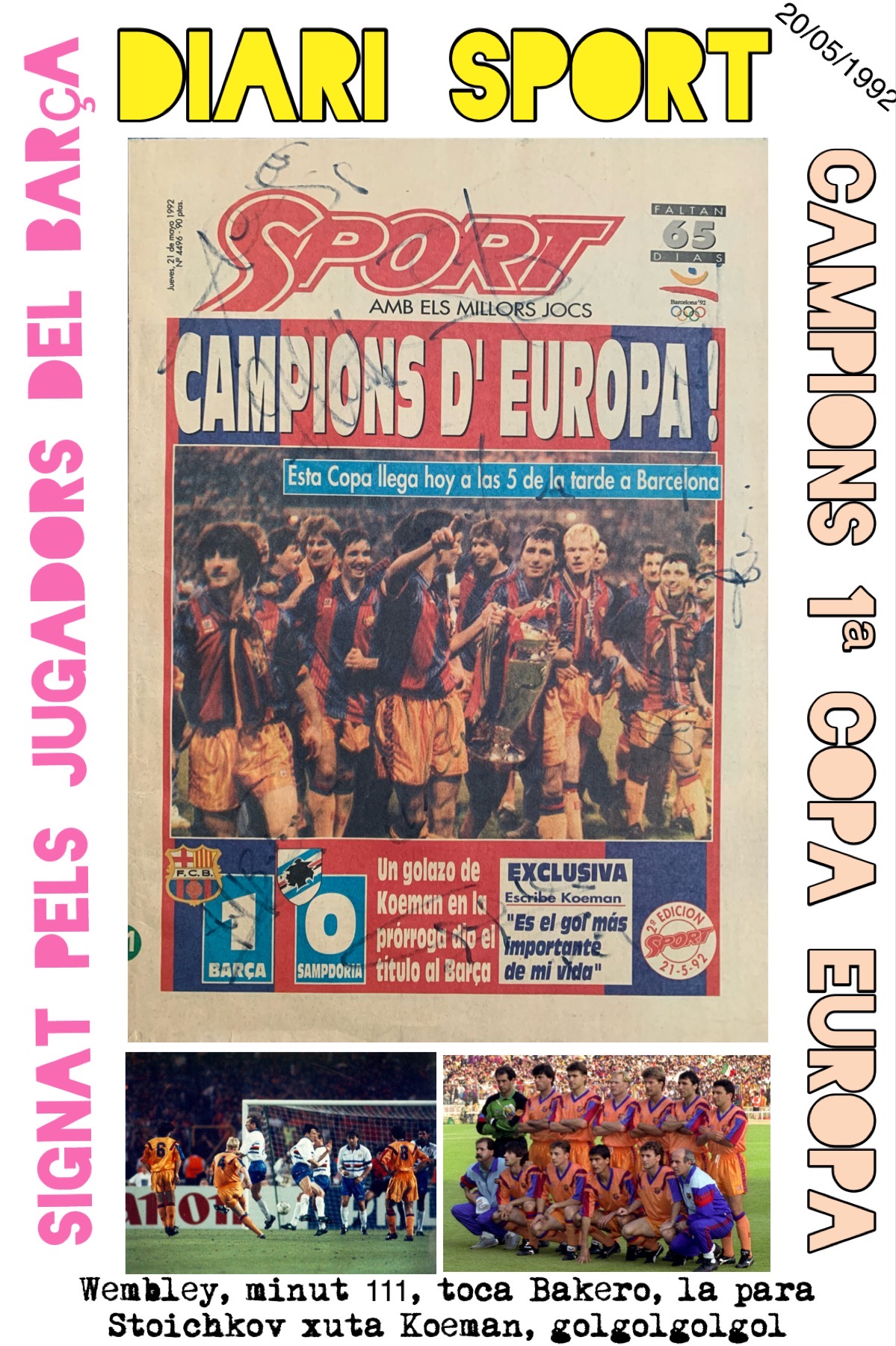 Diari Sport 21/05/1992 FC Barcelona campió Copa Europa signat per la plantilla