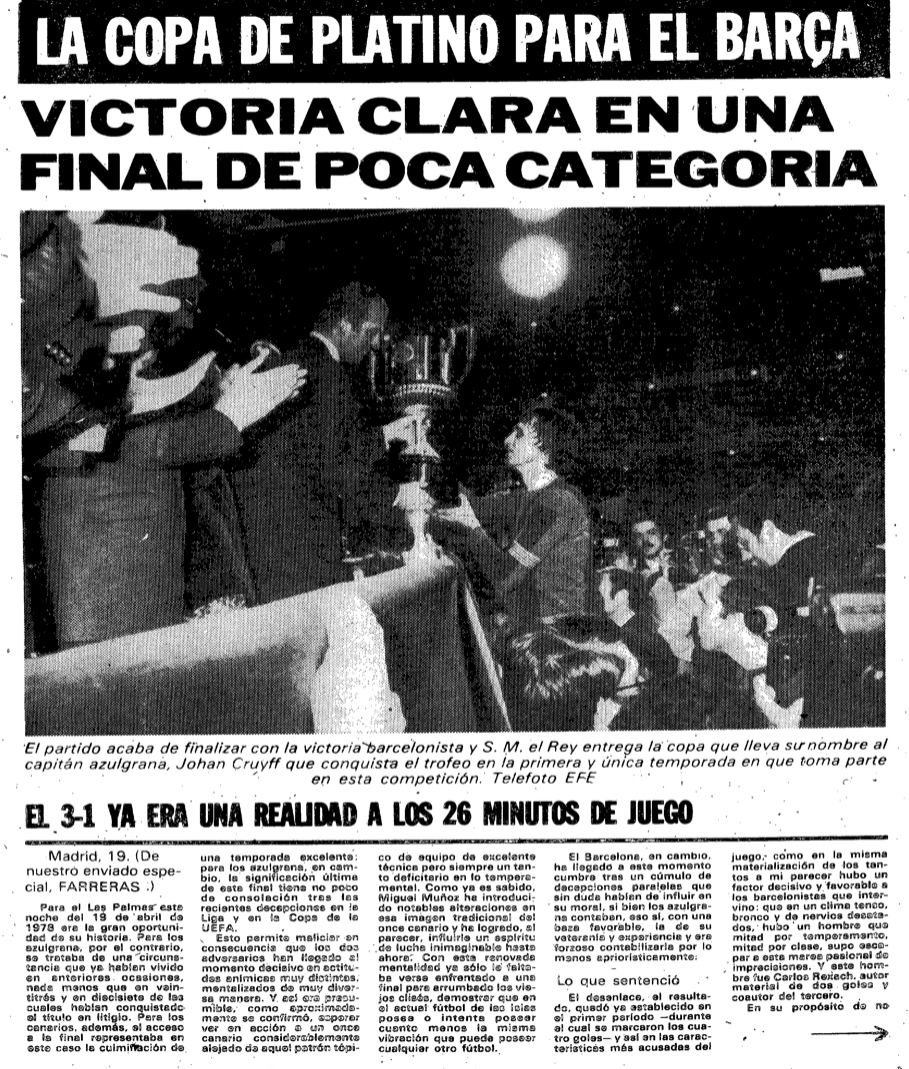 Copa del Rey Barcelona 3 las Palmas 1 Cruyff 1978 El Mundo Deportivo