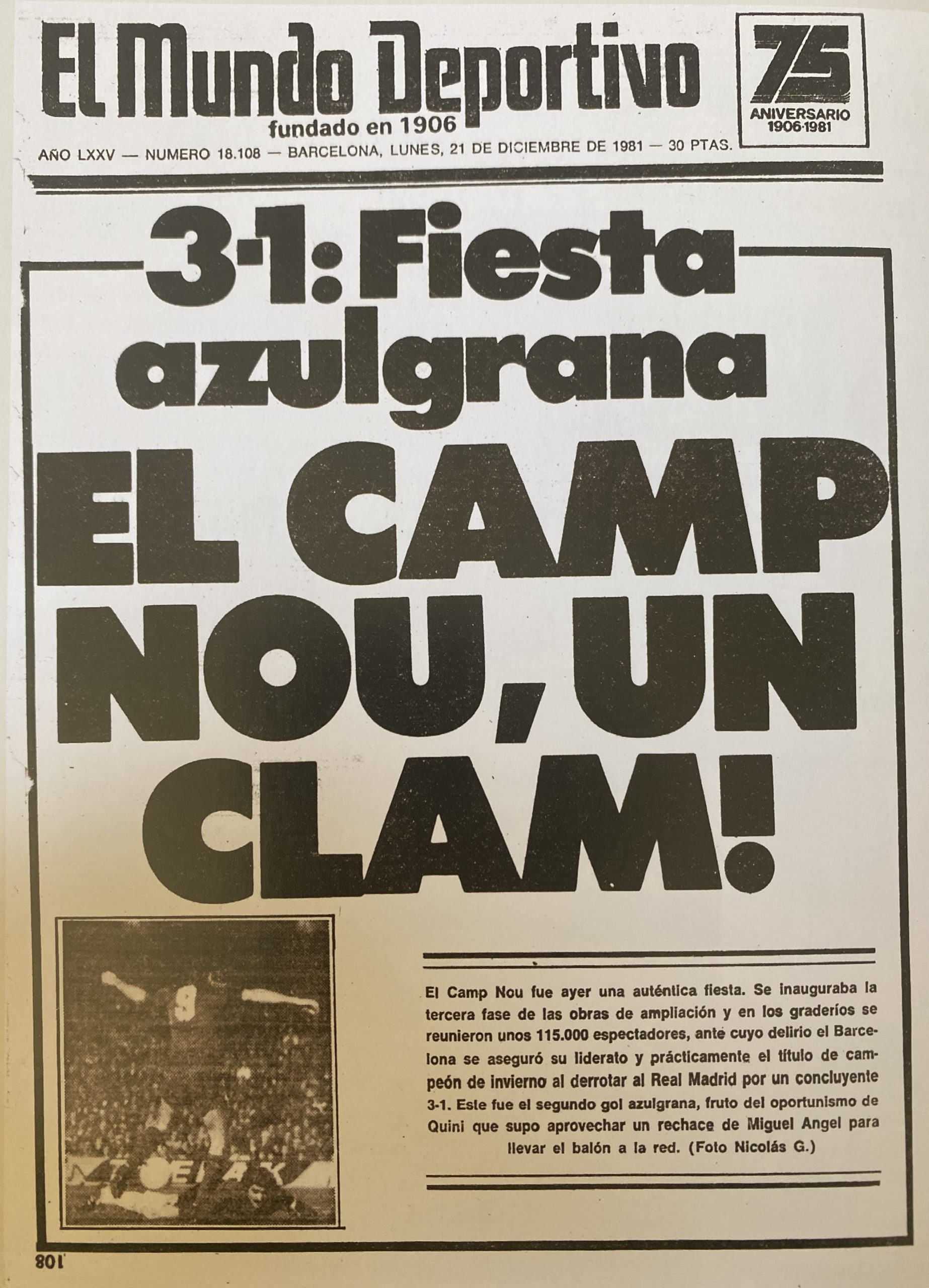 El Mundo Deportivo FC Barcelona 3 Real Mardid 1 21/12/1981 El Camp Nou un clam