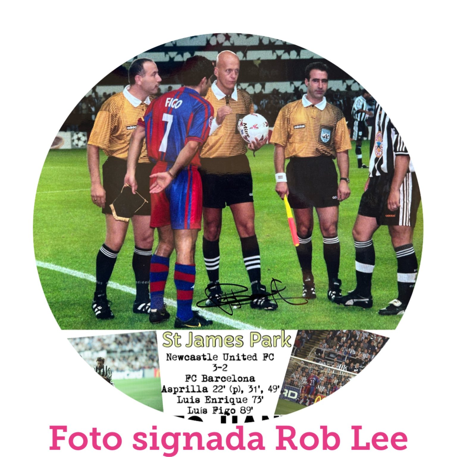 Detall circular de la fotografia signada per Rob Lee abans del Newcastle Barcelona de 1997