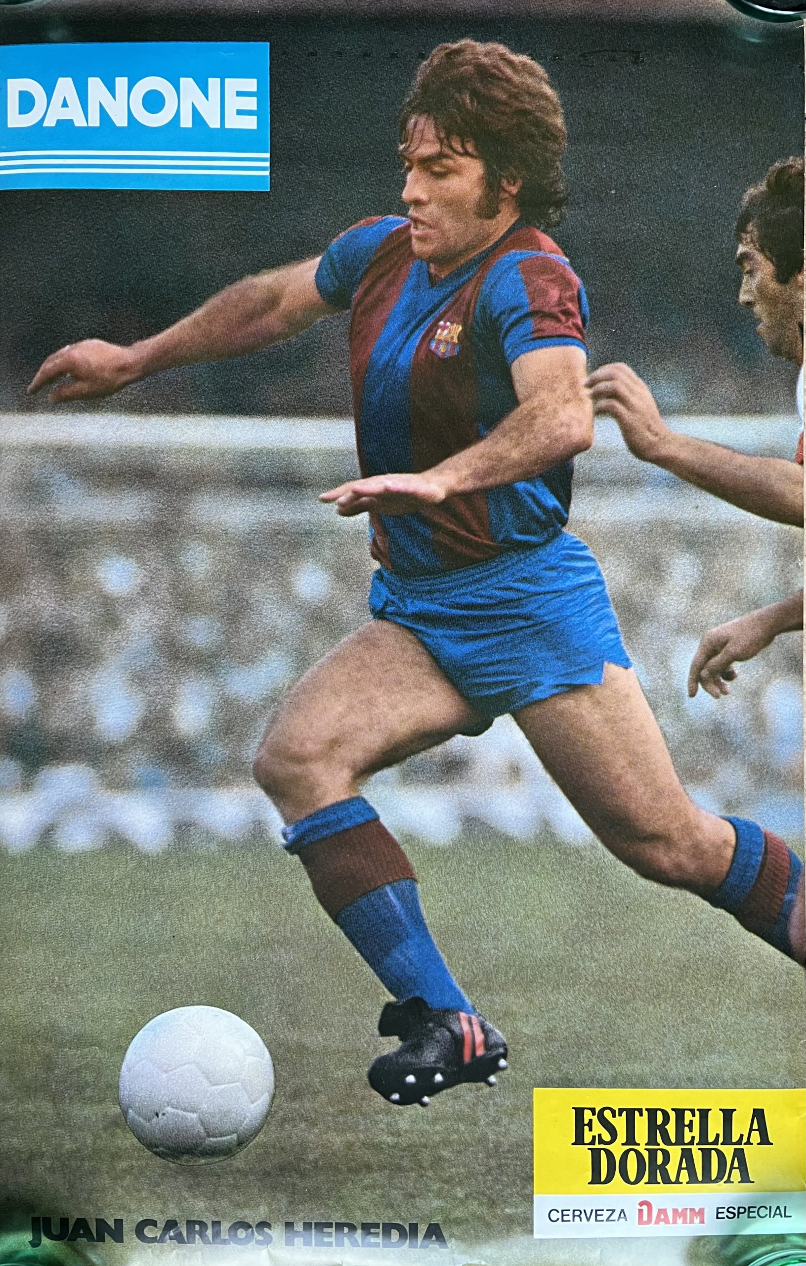 pòster oficial FC Barcelona Juan Carlosa Heredia octubre 1979 amb revista Barça al dors Estrella / Danone