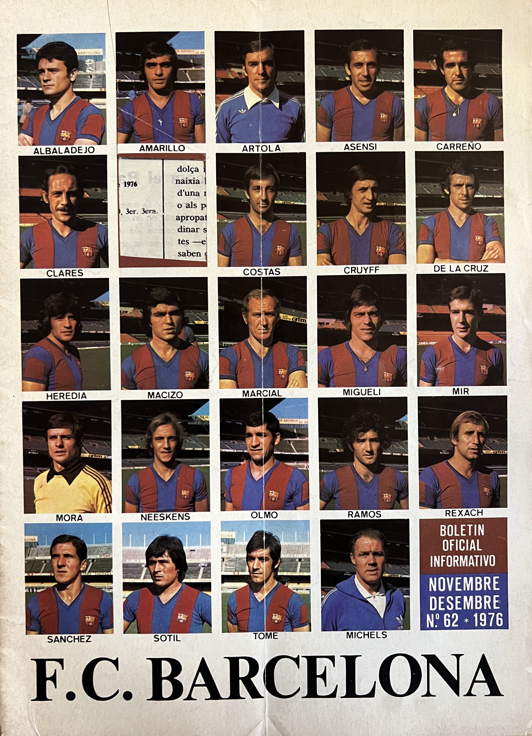 F.C.BARCELONA - BOLETIN OFICIAL INFORMATIVO Novembre Desembre 1976 . AÑO VII - Nº 62