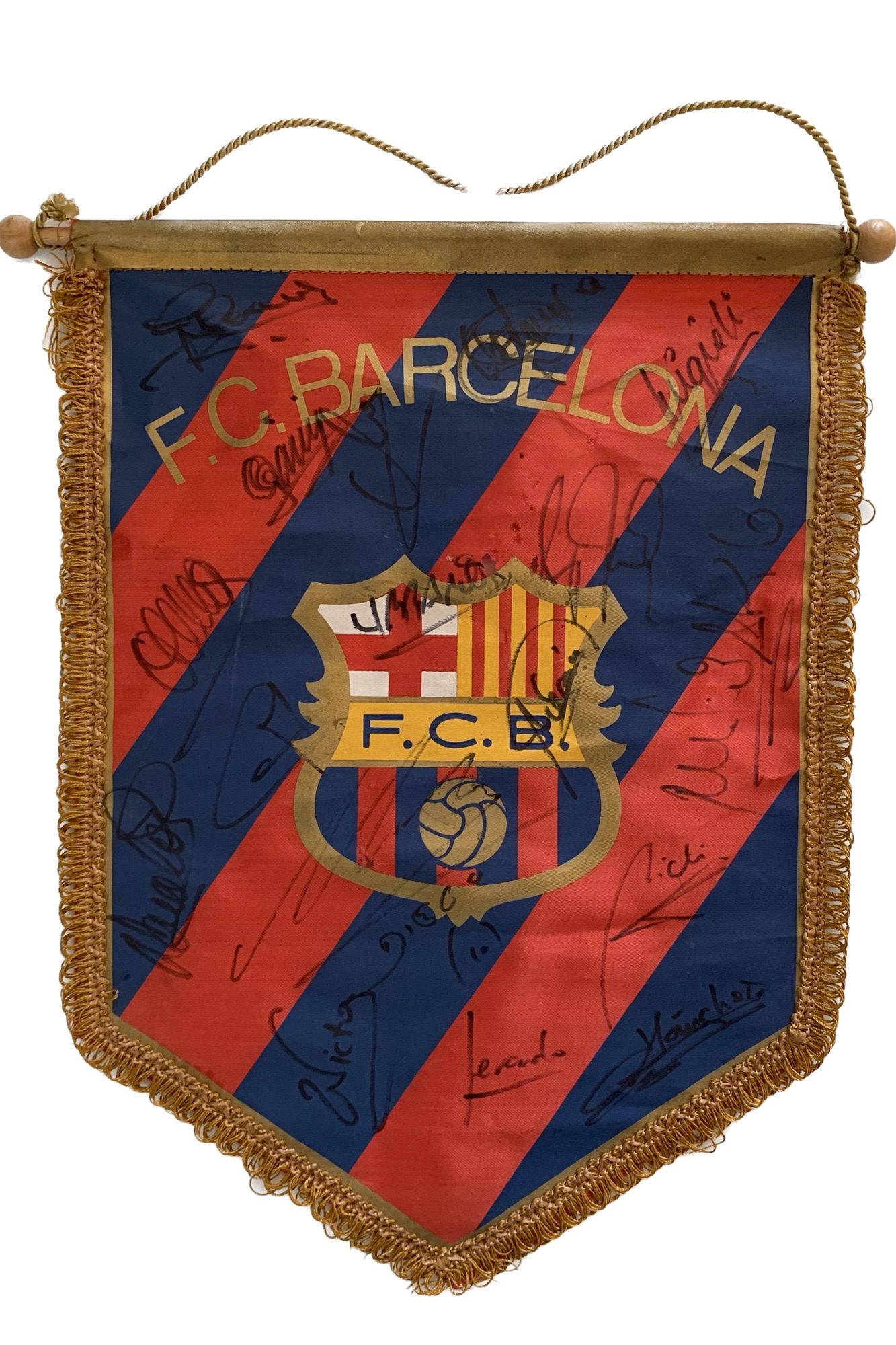 Banderí FCBarcelona 1.982 signat pels jugadors Maradona - Schuster - Quini...