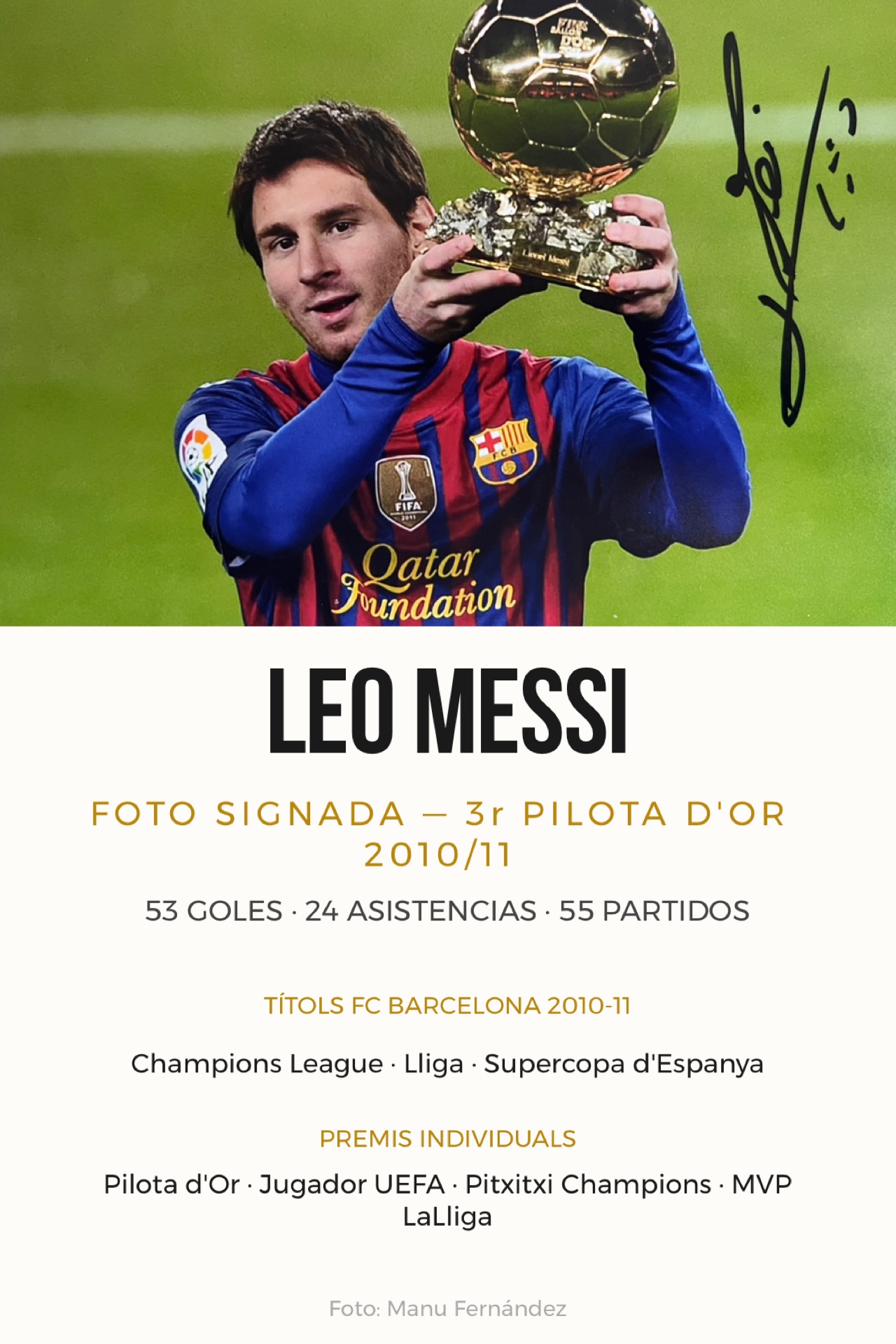 FOTO SIGNADA PER LEO MESSI BARÇA BOTA D’OR 2010-2011