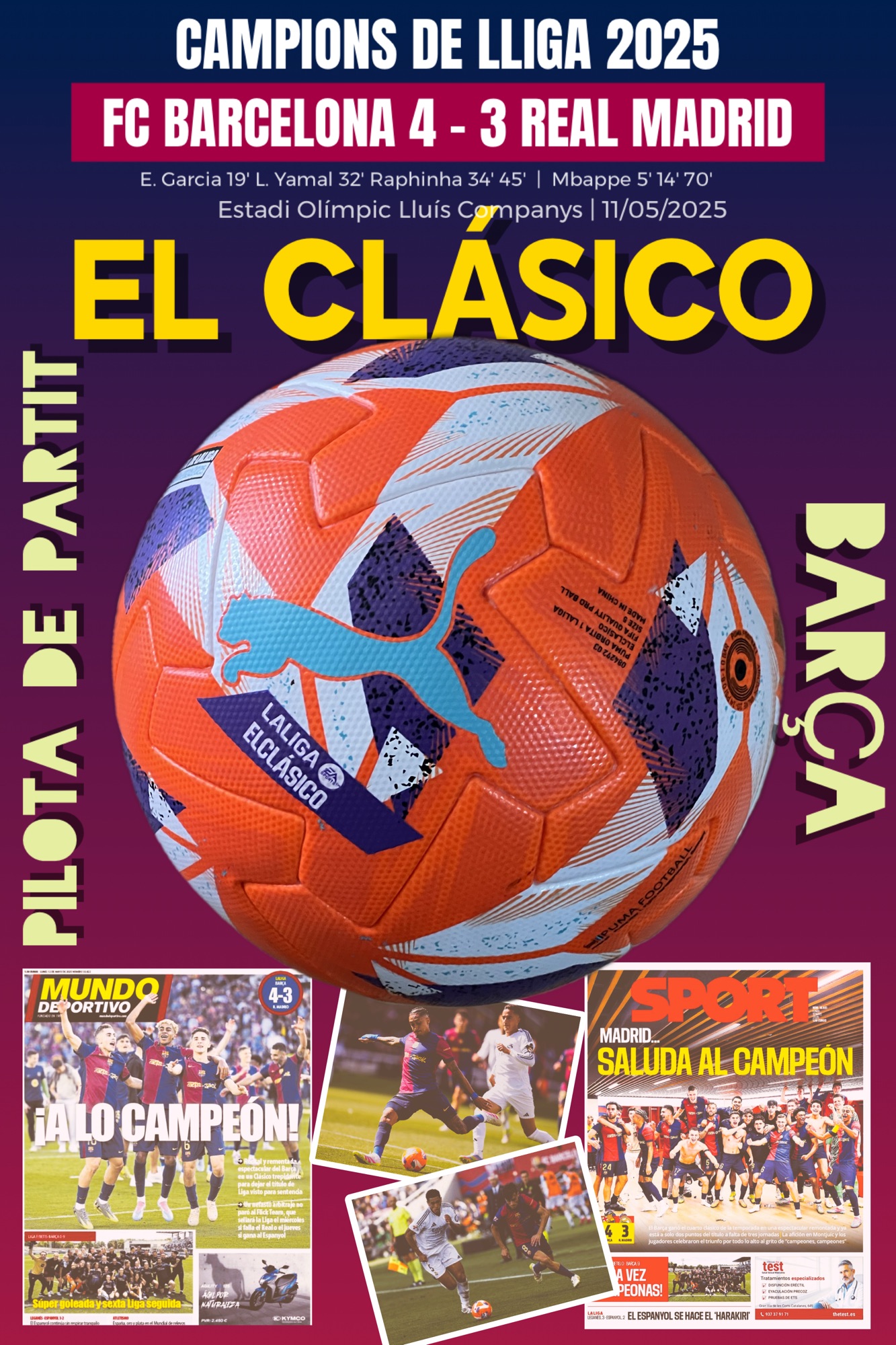 Pilota puma liga del clásico 2024-2025 FC Barcelona 4 Real Madrid 3 de partit (taronja)