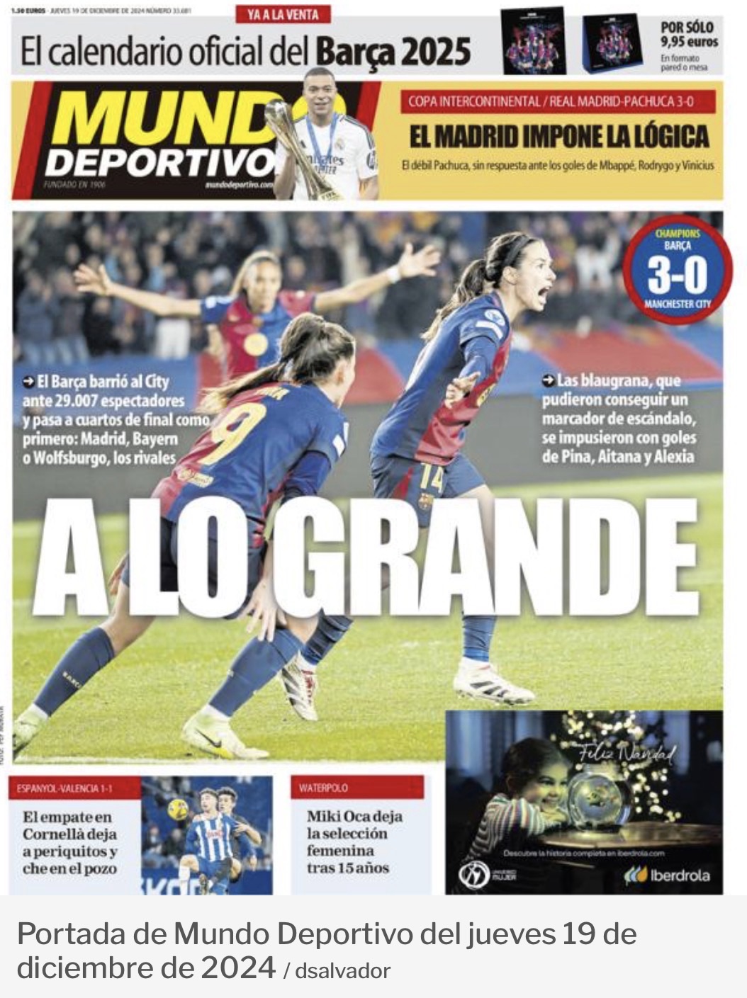 Portada de Mundo Deportivo del 19 de desembre de 2024