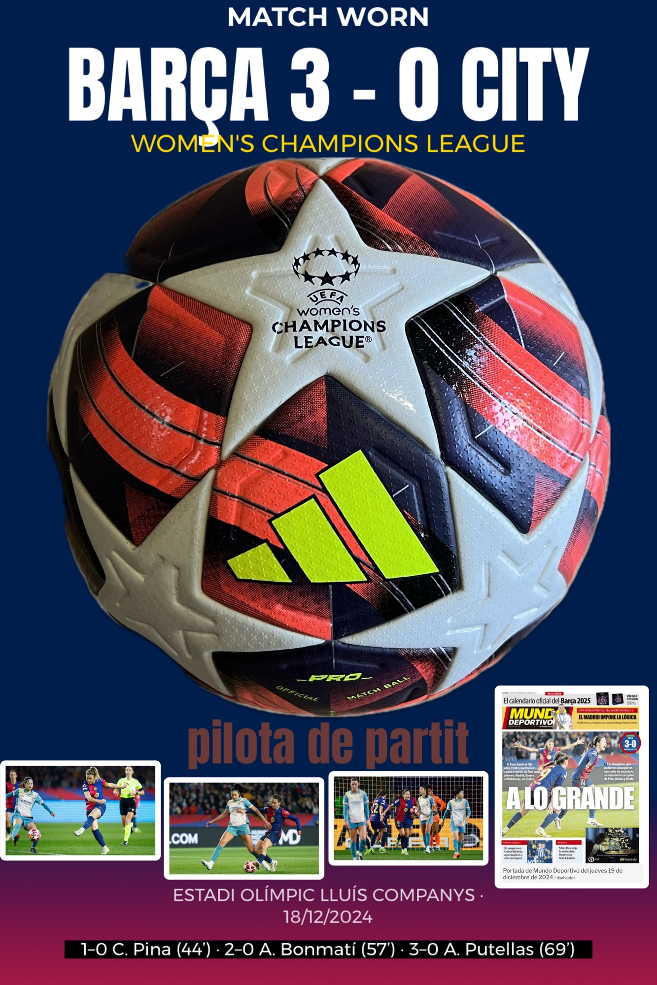 Cromo descriptiu de la pilota Adidas UWCL Pro 2024/25 utilitzada en el FC Barcelona 3–0 Manchester City del 18 de desembre de 2024