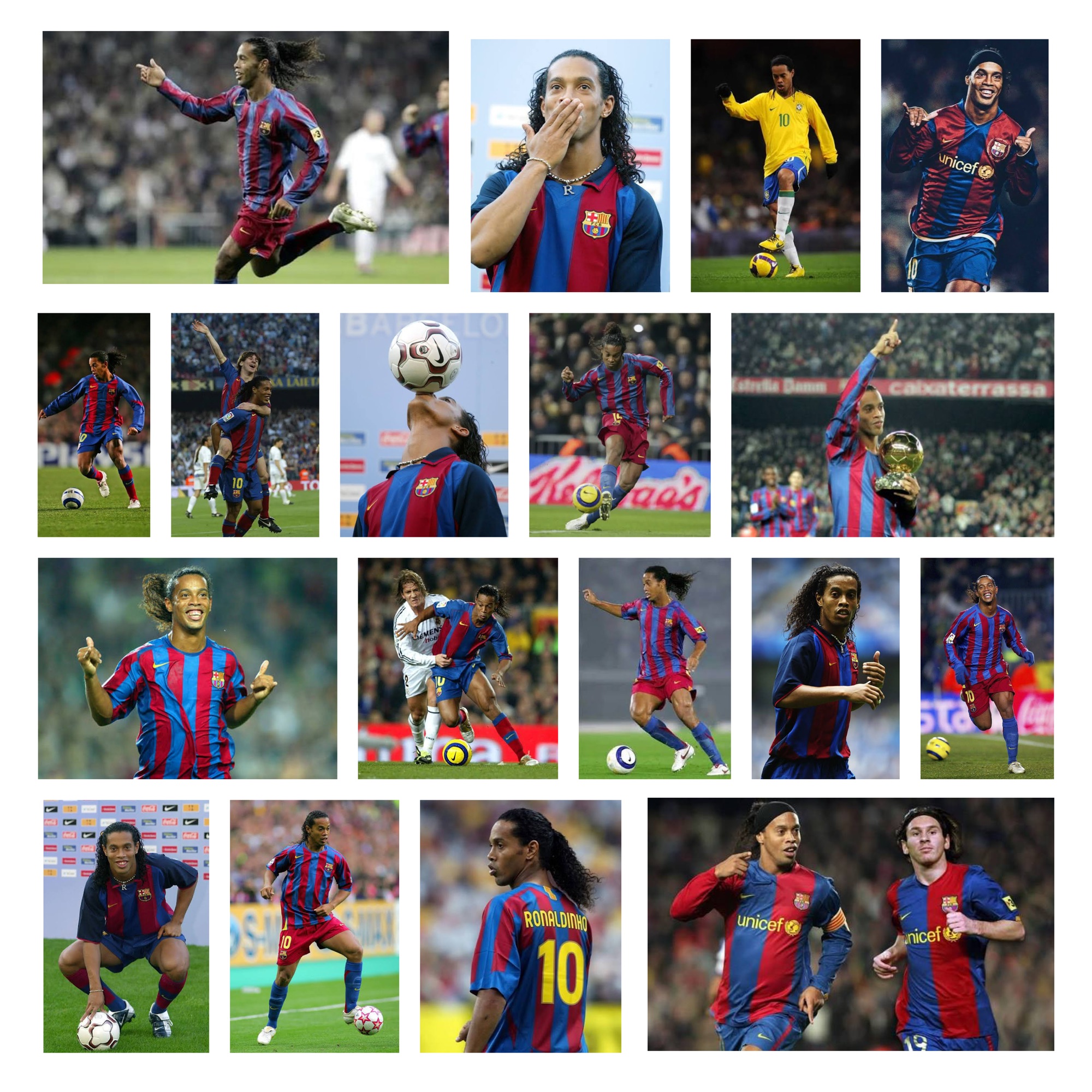 Muntatge rectangular amb diferents imatges de Ronaldinho amb el FC Barcelona